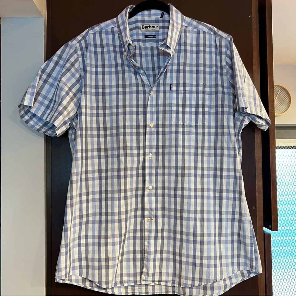 Barbour Tattersall Blue Checkered Shirt Short Sleeve Tailored Size Large